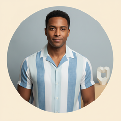 Portrait of Marcus Thorne, a man with a confident expression, wearing premium men's fashion, against a warm cream background.