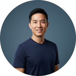 Circular portrait of David Chen, an Asian man smiling confidently, wearing a deep navy AZURO shirt against a slate blue backg
