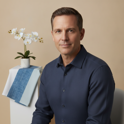 Portrait of Leon Vance, a man in a deep navy shirt, exuding confidence and professionalism against a cream background.