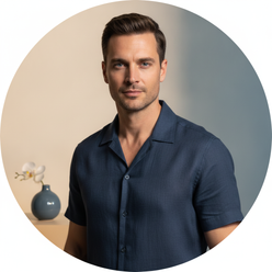 Circular portrait of Oliver Kent, a man with short dark hair, wearing a deep navy AZURO shirt, looking confidently at the cam