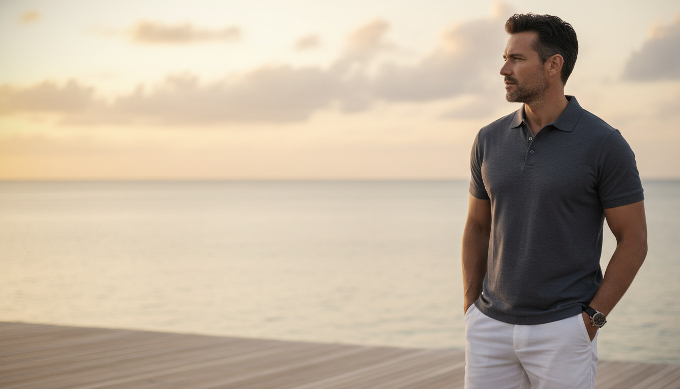 Man in a charcoal polo shirt standing on a resort deck, looking out at a calm ocean sunset.