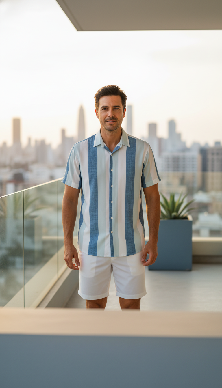 A man wearing the AZURO product, centered in a full-height portrait, with a calm, uncluttered background in the lower half.