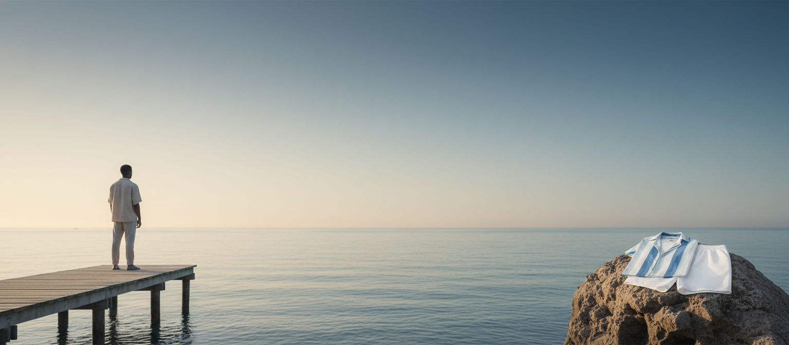 Coastal landscape at sunrise with a distant figure on the left and a fashion product on a rock on the right. The sky is a sof