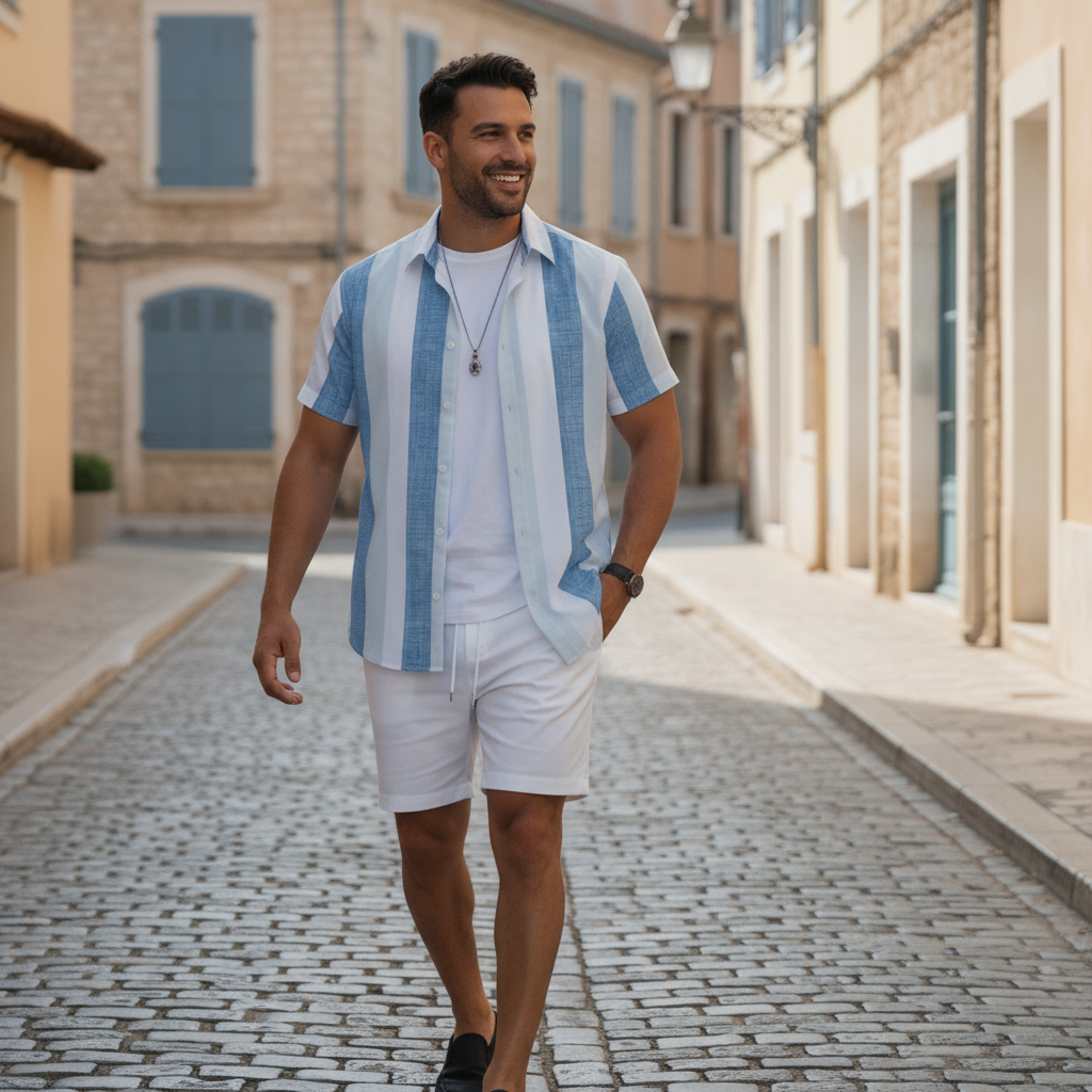 A diverse man wearing the "AZURO" garment, walking confidently on a cobblestone street in a European city, smiling.
