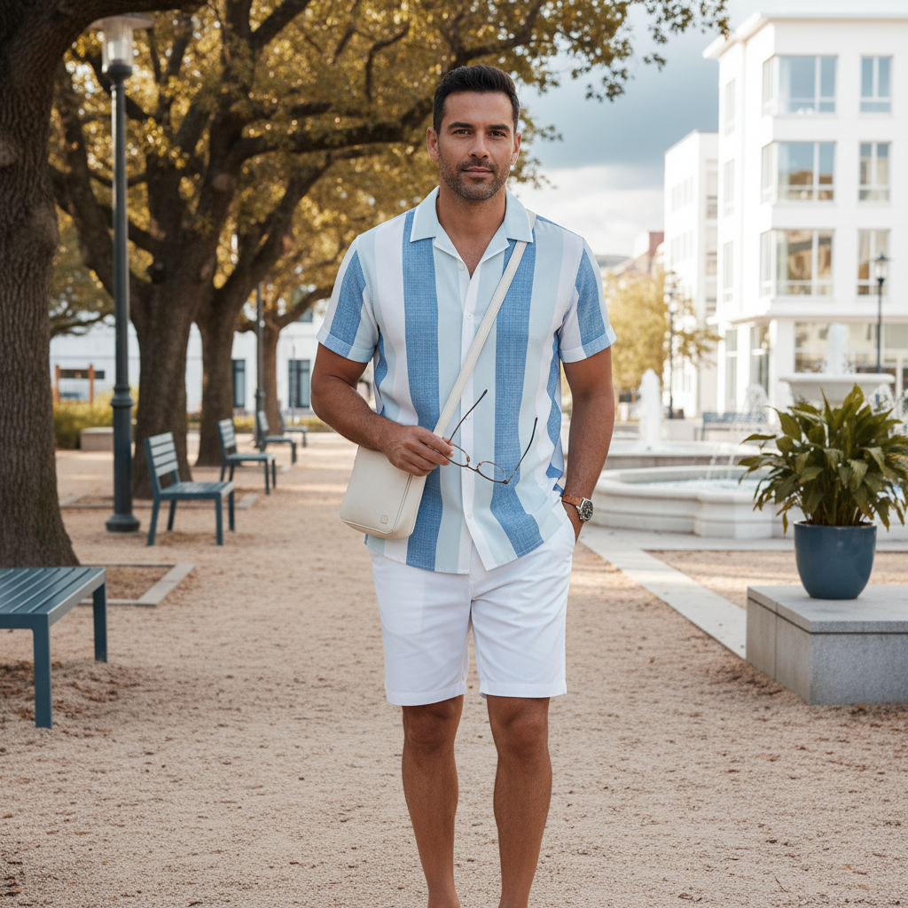 A diverse man wearing the AZURO product, captured candidly in an upscale outdoor setting, showcasing comfort and effortless s