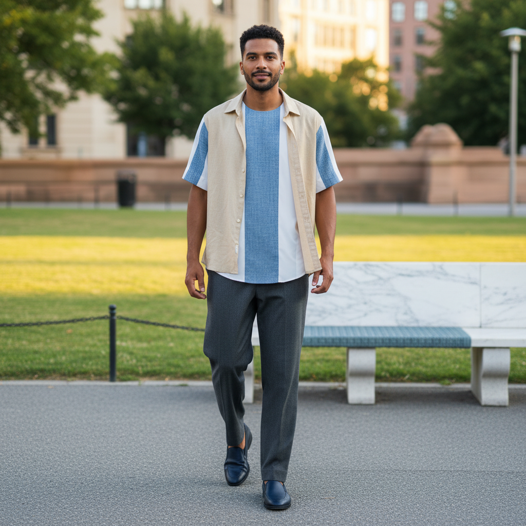 A diverse male model, mid-20s to early 30s, confidently walking outdoors in a city park, wearing the "AZURO" product in a sop