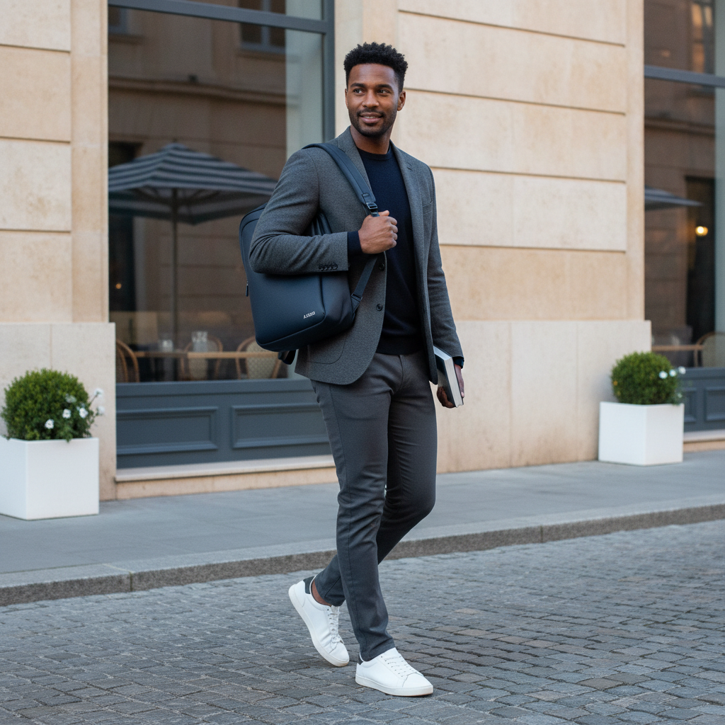 A man in deep navy attire confidently wears the AZURO, captured candidly in an upscale urban setting under soft, natural ligh