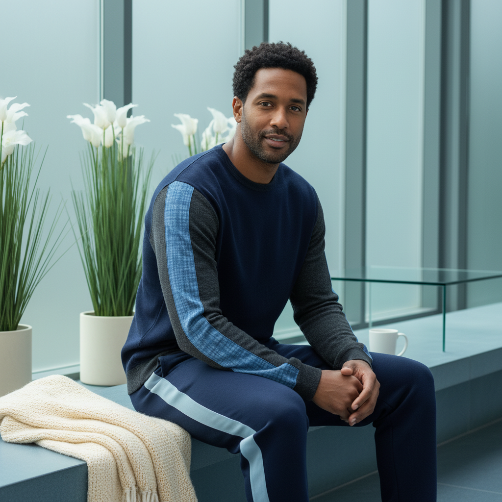 A man confidently wears the AZURO product in a candid, editorial-style lifestyle photograph, showcasing comfort and effortles